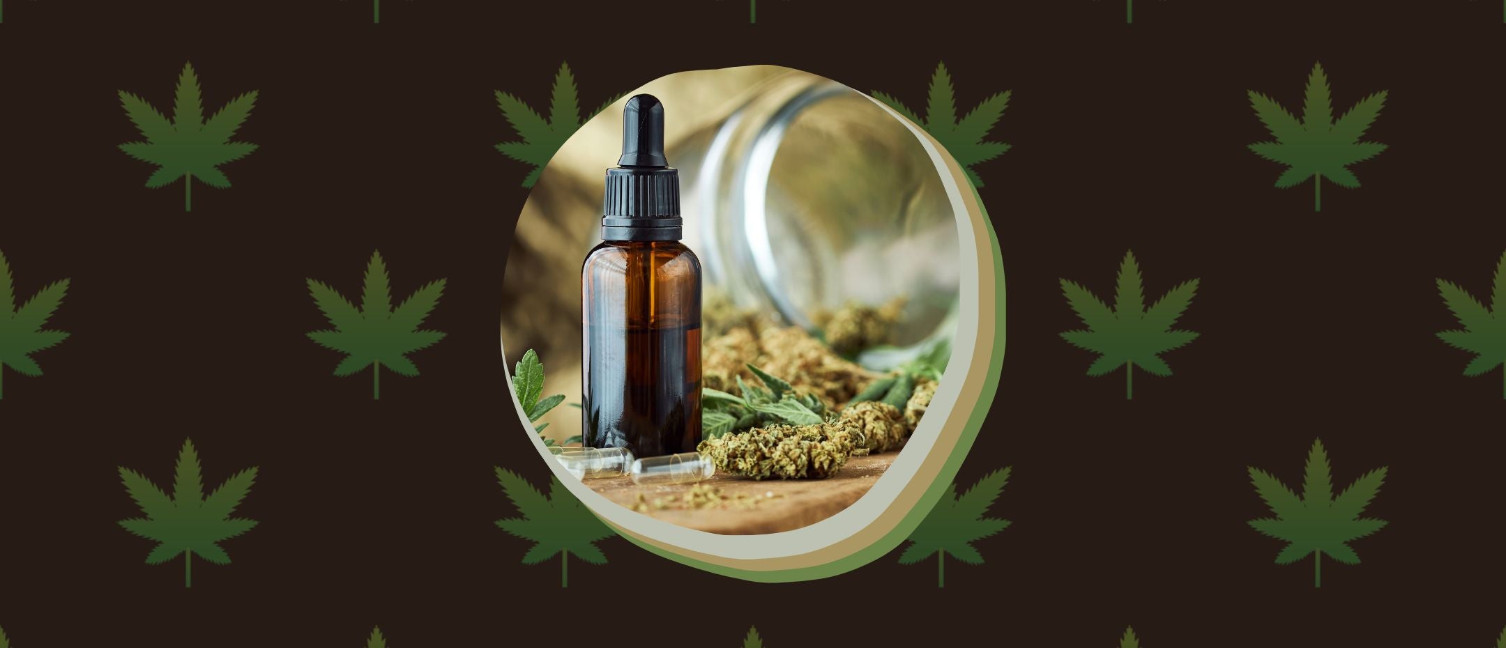 CBD oil on cannabis plant background.